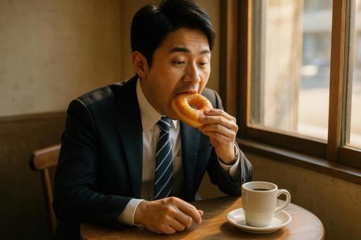 出勤前にドーナツを食べる男性 出勤前にドーナツを食べる男性の写真