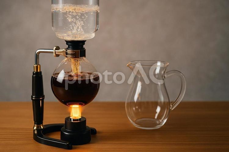 サイフォン式コーヒー抽出中・カフェ・珈琲 サイフォン,コーヒー,抽出の写真素材