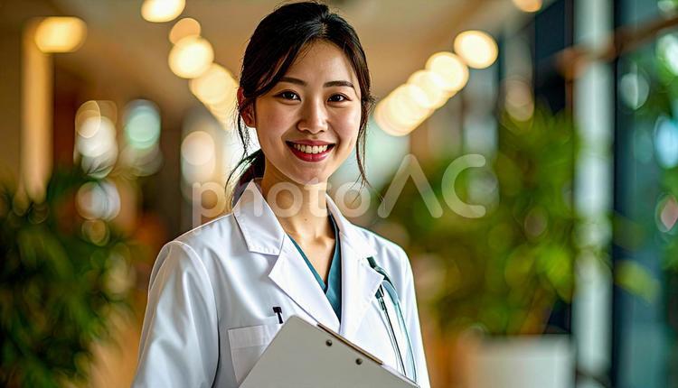 ファイルを抱える笑顔の日本人女性看護師 看護士,若い,白衣の写真素材