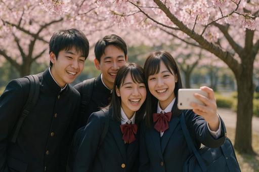 桜の下の制服の自撮り 桜の下の制服の自撮りの写真