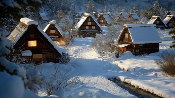 白川郷のような雪の村、合掌造り 白川郷のような雪の村、合掌造りの写真