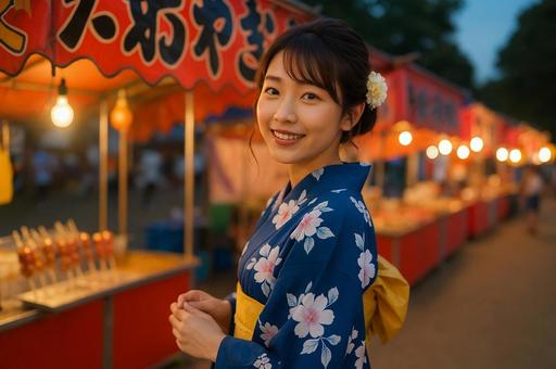 屋台の前で浴衣姿の笑顔の女性 屋台の前で浴衣姿の笑顔の女性の写真