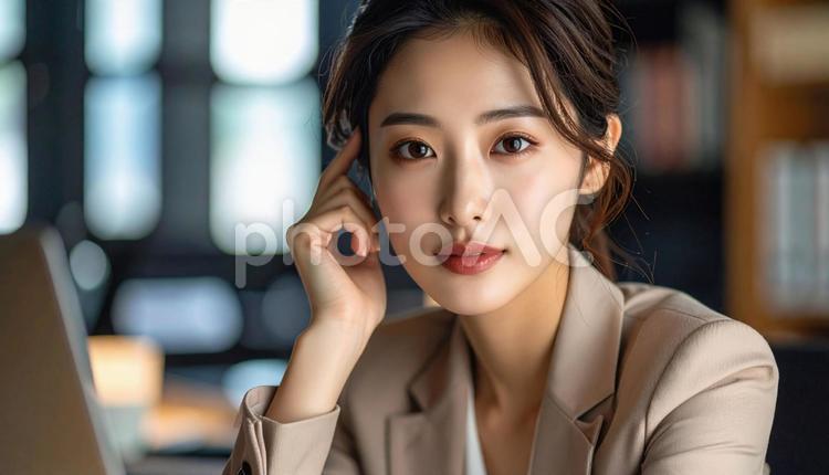 パソコンで仕事をする女性社員ポートレート 女性,ビジネス,若いの写真素材