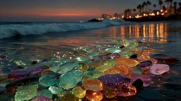 夕暮れの海と輝く虹色シーグラス 夕暮れの海と輝く虹色シーグラスの写真