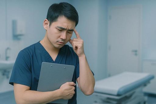 病室で悩む男性 病室で悩む男性の写真