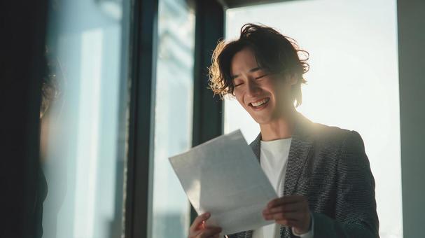 嬉しい通知を読む若手ビジネスパーソンの写真