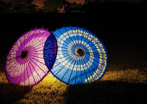 岡山後楽園のライトアップされた和傘 和傘,岡山後楽園,秋の幻想庭園の写真素材