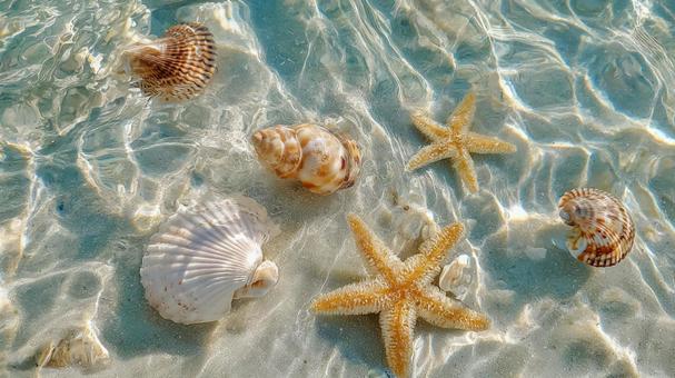 輝く波紋と海底の貝殻、ヒトデ 輝く波紋と海底の貝殻、ヒトデの写真