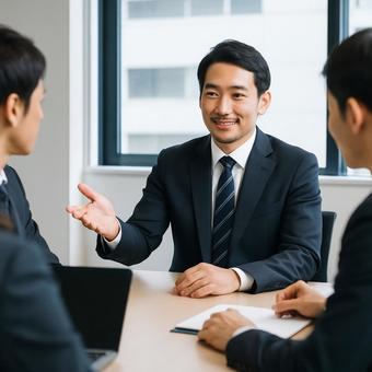 チームミーティングを行う中堅社員 チームミーティングを行う中堅社員の写真