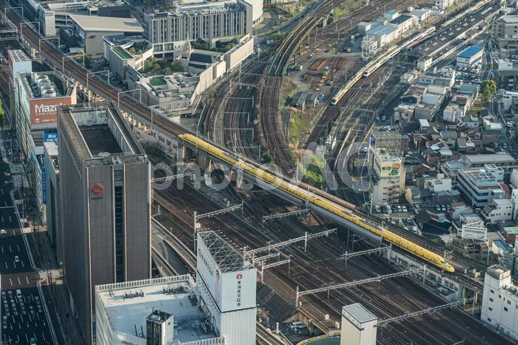 上空から見る名古屋の街並み 名古屋,愛知,線路の写真素材