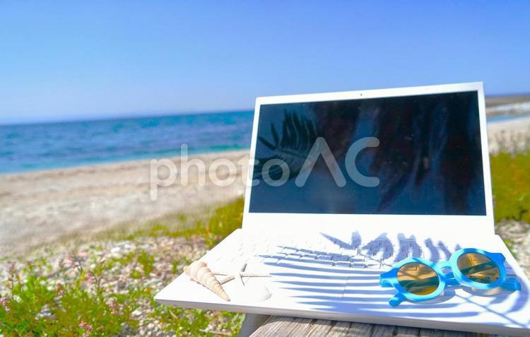 リモートワークのイメージ③（ヤシの葉影） パソコン,海,リモートワークの写真素材
