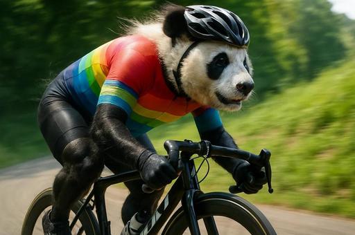 競輪の装備で走るパンダ 競輪の装備で走るパンダの写真