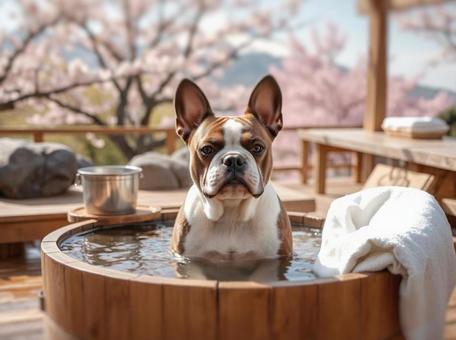 風呂桶に入る犬　フレンチブルドックの写真