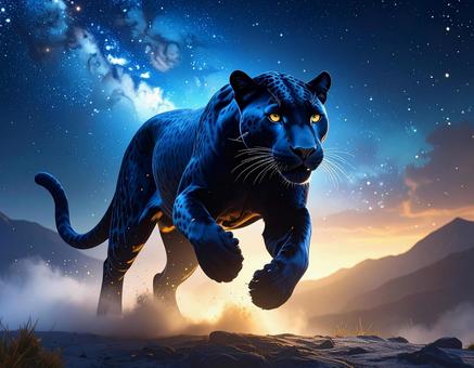 星空が広がる大地を疾走する青いジャガーの写真