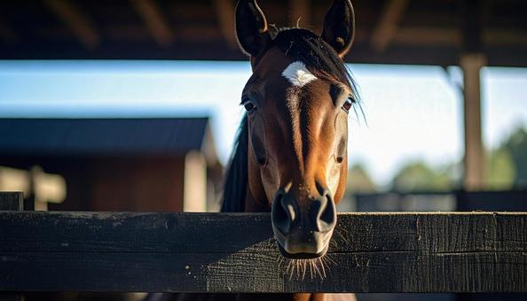 牧場の柵から顔をのぞかせる馬 牧場の柵から顔をのぞかせる馬の写真
