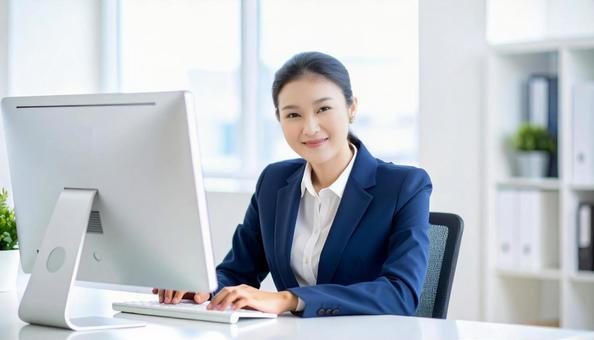 オフィスでパソコン使用した仕事をする女性 オフィスでパソコン使用した仕事をする女性の写真