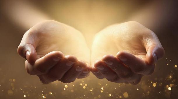 光を受ける両手の祈り・あたたかさ・癒しの写真
