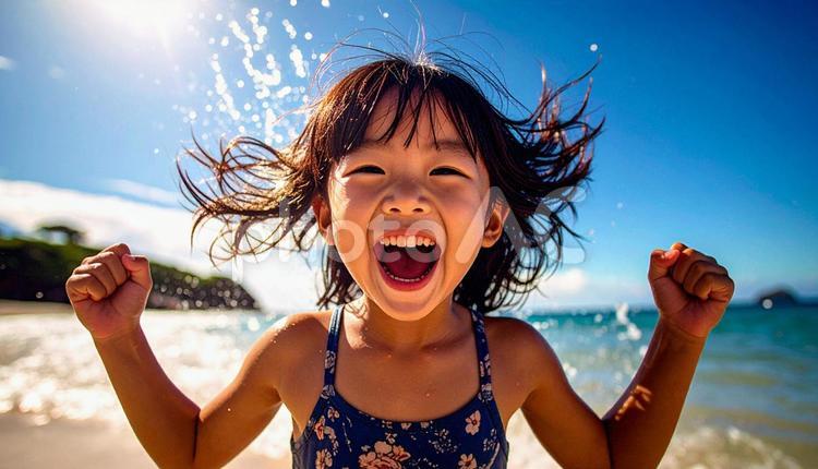 夏休み、海水浴で笑顔で遊ぶ子供 笑顔,水泳,風景の写真素材