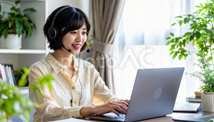笑顔でリモートワークをするビジネス女性 女性,オンライン,ミーティングの写真素材