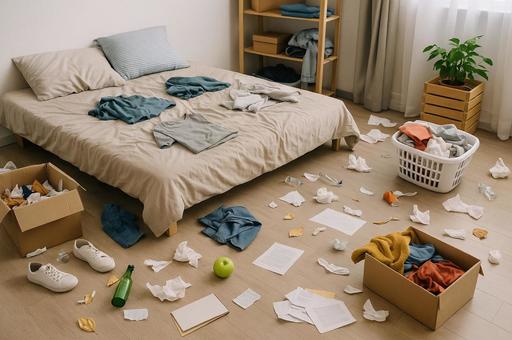 散らかった部屋の片付けの写真