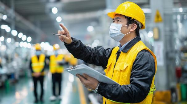 工場内で安全確認を行う日本人作業員の写真
