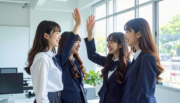 喜びを分かち合う学生 喜びを分かち合う学生の写真