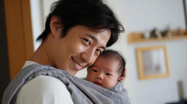 赤ちゃんを抱っこするお父さん 赤ちゃんを抱っこするお父さんの写真