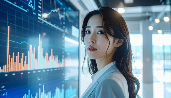 ディルプレイのチャートの前に立つ女性社員 ディルプレイのチャートの前に立つ女性社員の写真