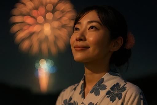 花火を見上げる笑顔の女性 花火を見上げる笑顔の女性の写真