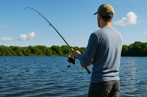 湖で釣りを楽しむ男性の後ろ姿・アウトドア 湖で釣りを楽しむ男性の後ろ姿・アウトドアの写真