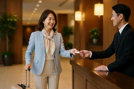 ホテルマンからチケットを受け取る女性 ホテルマンからチケットを受け取る女性の写真