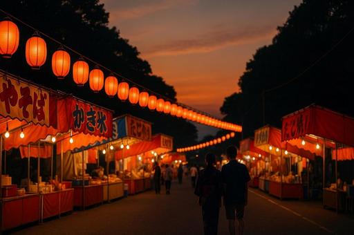夕暮れの夏祭り屋台通りとカップルの後ろ姿 夕暮れの夏祭り屋台通りとカップルの後ろ姿の写真
