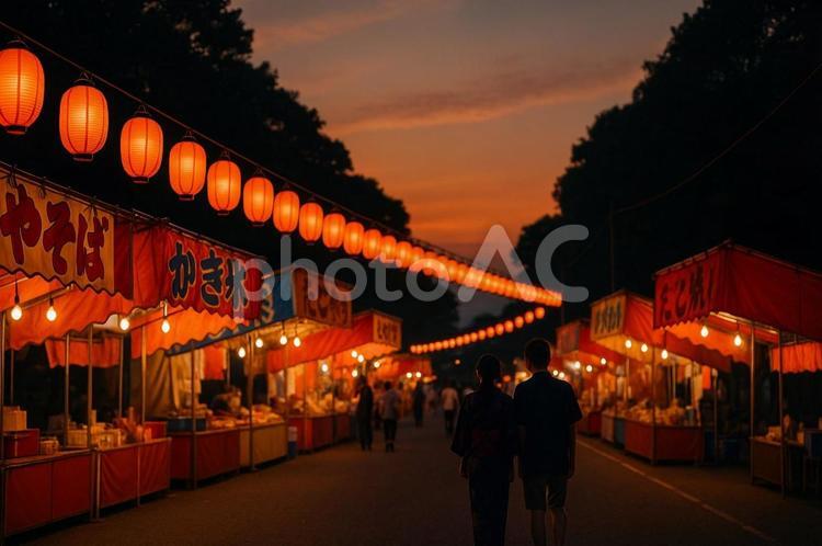 夕暮れの夏祭り屋台通りとカップルの後ろ姿 夏祭り,夕暮れ,屋台の写真素材