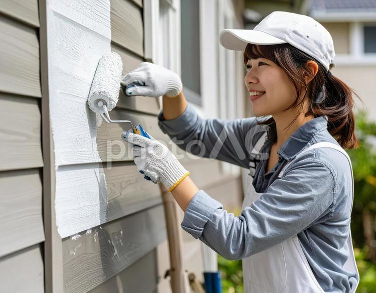 DIYで外壁塗装する女性 外壁塗装,屋根塗装,diyの写真素材