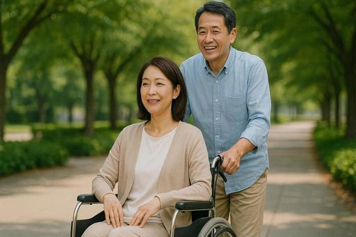 車椅子の女性と介助する男性の写真