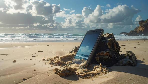 砂に埋まったスマートフォン 砂に埋まったスマートフォンの写真