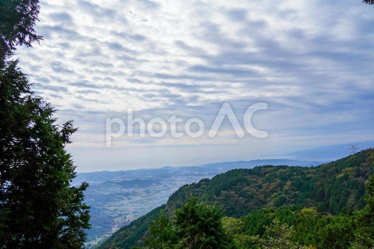 ヤビツ峠の上から眺める相模湾方面 海,山,市街地の写真素材