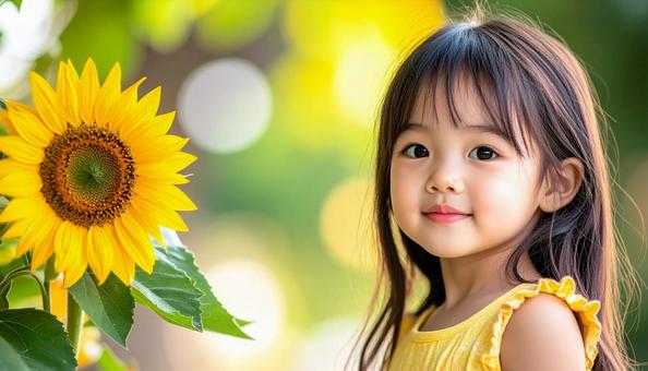 夏のヒマワリの花と少女のポートレート 夏のヒマワリの花と少女のポートレートの写真
