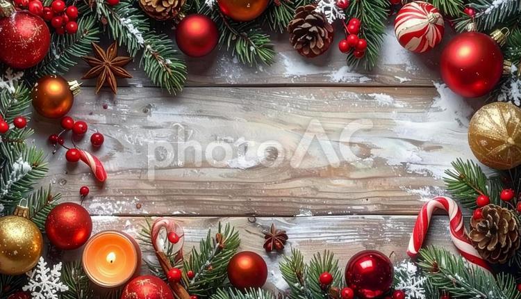 クリスマス　フレーム　白木の木目背景 クリスマス,フレーム,粉雪の写真素材