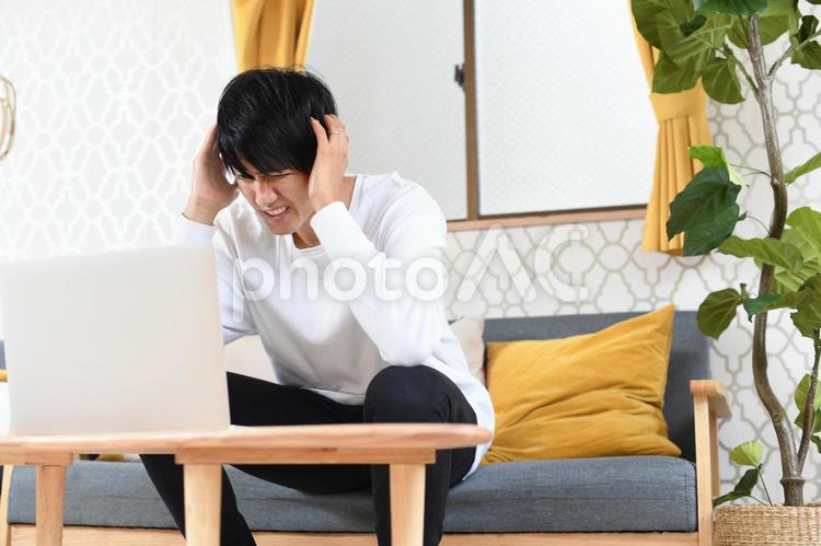 パソコンの前で頭を抱える若い男性 男性,パソコン,トラブルの写真素材