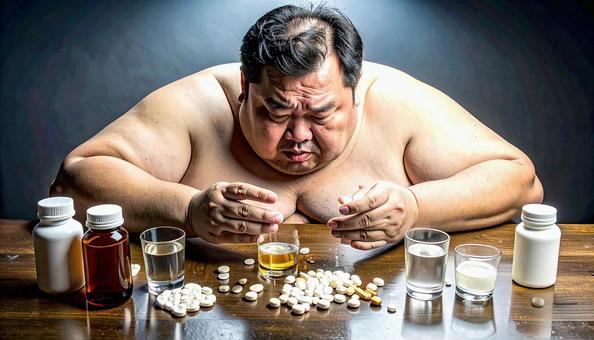薬を飲む肥満男性 薬を飲む肥満男性の写真