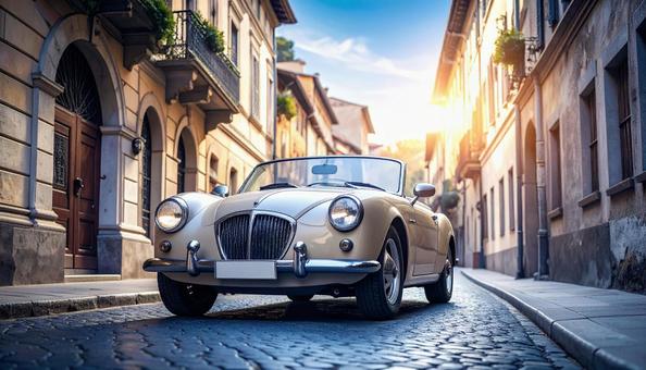 古い町並みの街角に止められたオープンカーの写真