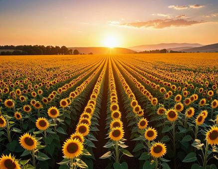 夕暮れに染まるひまわり畑 夕暮れに染まるひまわり畑の写真