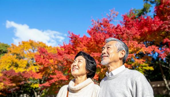 紅葉鑑賞を楽しむシニア夫婦 紅葉鑑賞を楽しむシニア夫婦の写真