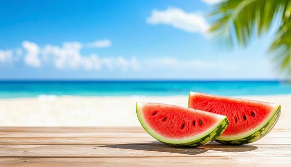 海辺のテーブル 切られたスイカ 海辺のテーブル 切られたスイカの写真