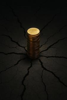 崩壊する地面と金貨 崩壊する地面と金貨の写真