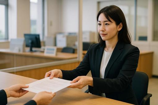 窓口で書類提出する女性 窓口で書類提出する女性の写真