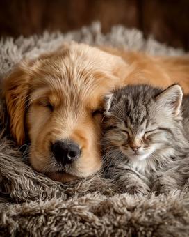 仲良く寄り添って眠る子犬と子猫 仲良く寄り添って眠る子犬と子猫の写真