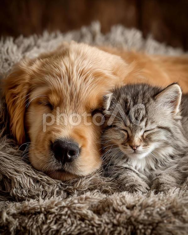 仲良く寄り添って眠る子犬と子猫 犬,猫,子犬の写真素材