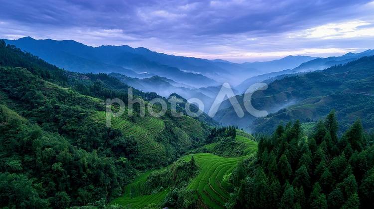 山間の集落と広がる棚田 棚田,山,霧の写真素材